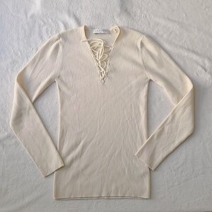 Sandro Wool Blend Sweater Cream V Neck Ribbed Lace Up Old Money Quiet Luxury Med